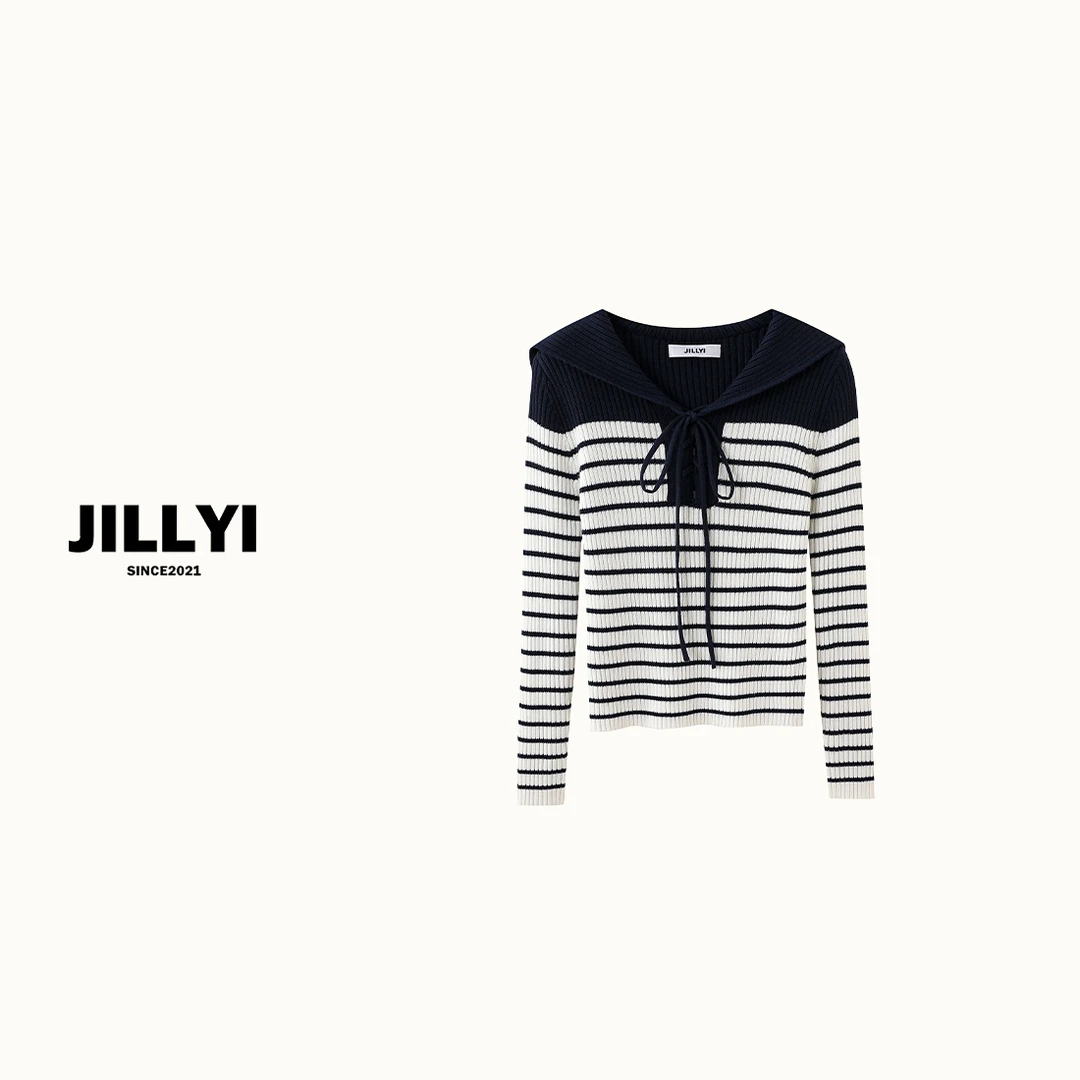 JILLYI【经典海军】深蓝拼接白色条纹领口绑带蝴蝶结时尚针织衫