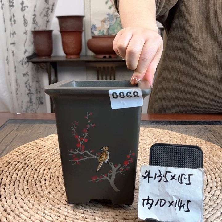 紫砂花盆纯料墨绿红梅手绘签筒0868
