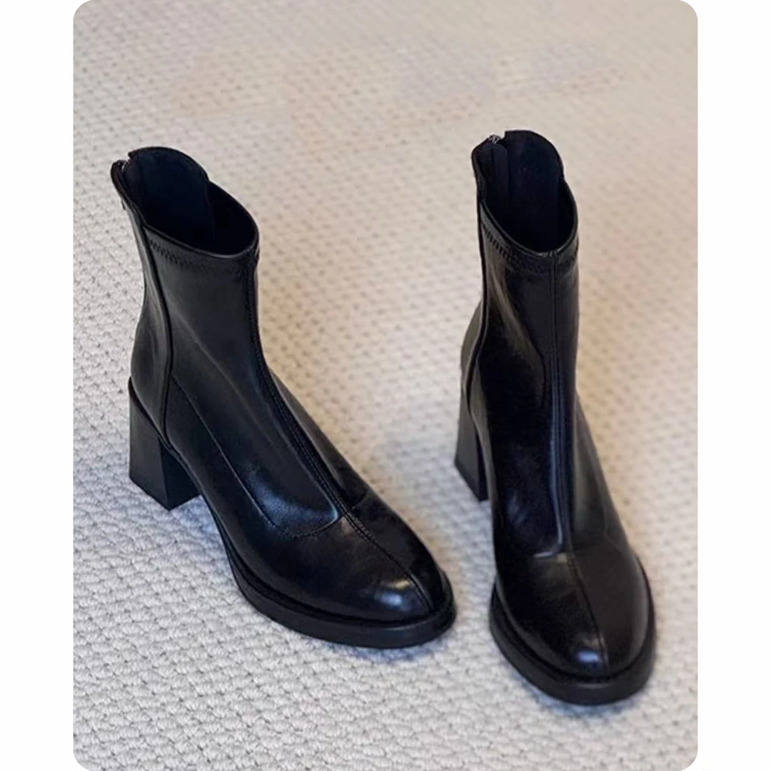 牛皮版~粗跟短靴女秋冬新款防水台高跟显瘦弹力靴通勤百搭时装靴