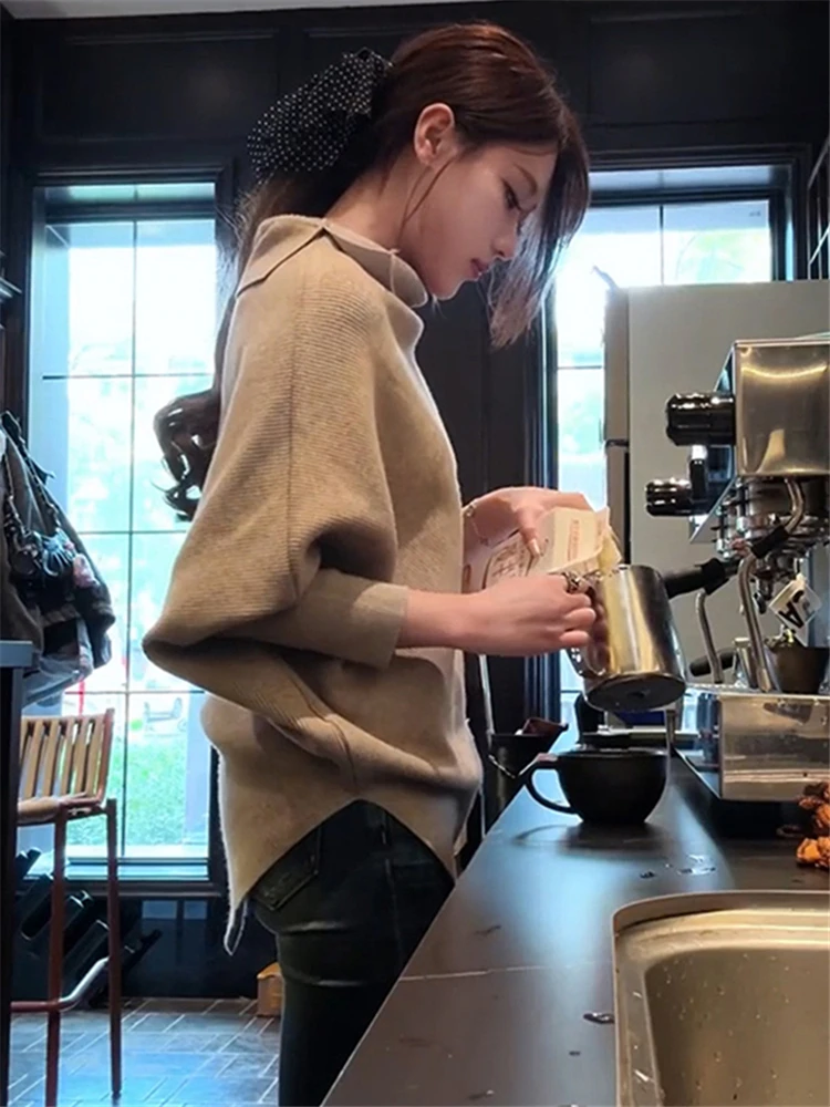 Chill巧儿秋意正浓贵气慵懒显瘦百搭高领蝙蝠袖气质毛衣针织衫女