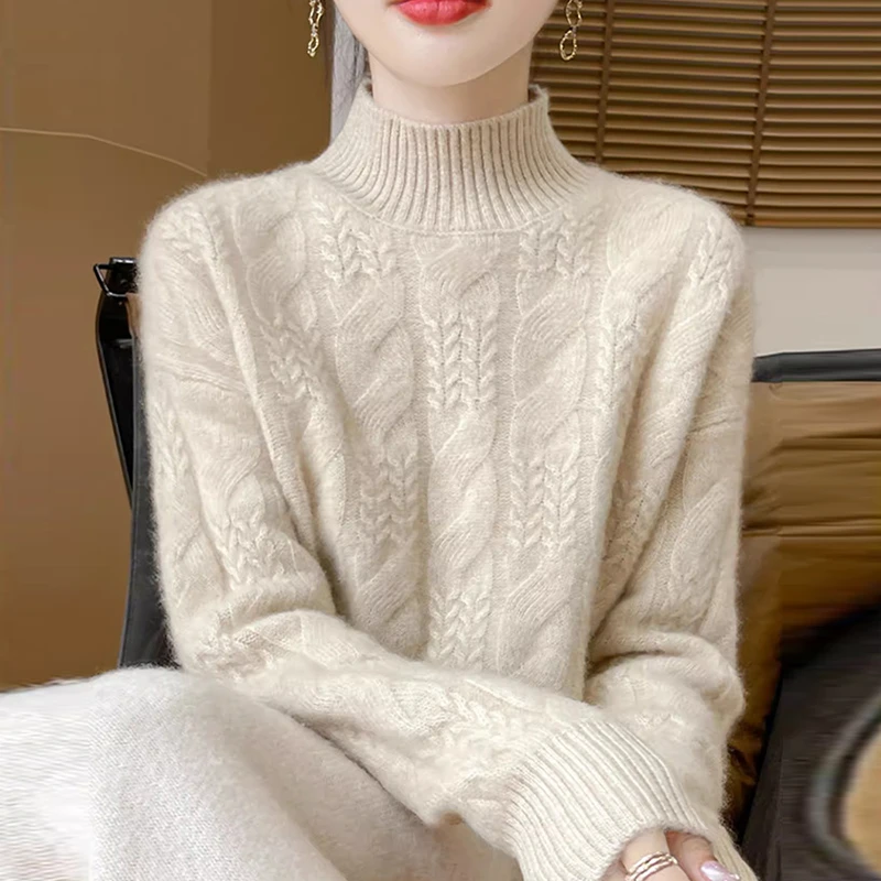 鄂尔多斯市半高领100纯羊绒衫女宽松加厚毛衣秋冬纯色羊毛打底衫