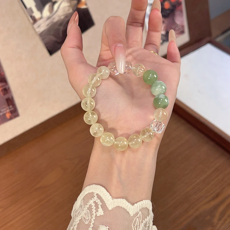 【青提奶盖】10mm柠檬黄+12mm岫玉+白水晶设计手串天然水晶Y237