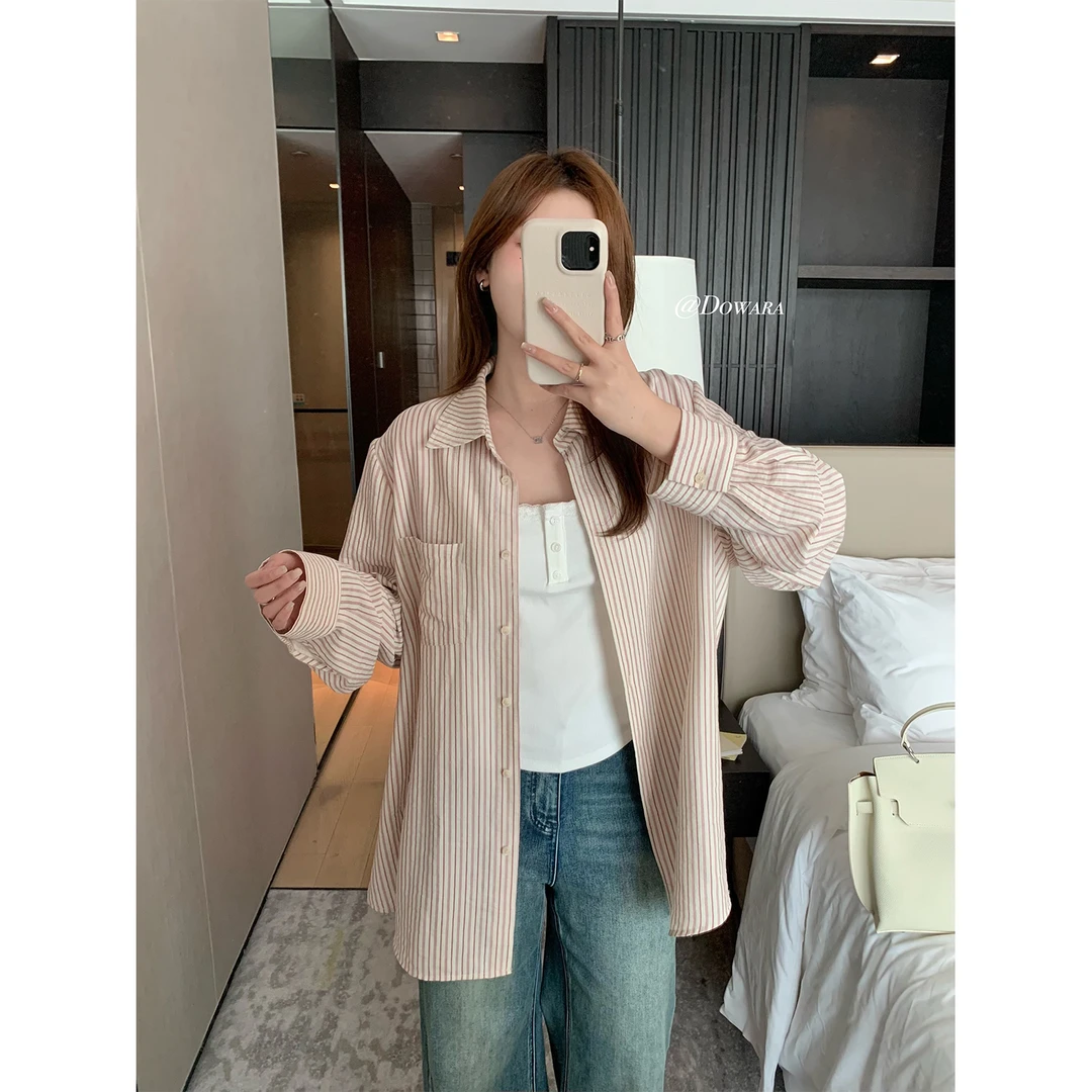 现货大婉酱微胖定制立体剪裁粉色条纹衬衫女小心机通勤遮肉 6929D