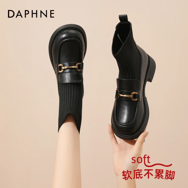 达芙妮袜靴女短靴2025年新款靴子厚底针织弹力靴黑色袜子鞋乐福鞋