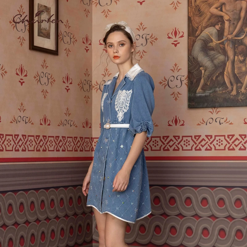 【媛媛专享】朝峰牛仔拼接钉珠连衣裙CFD1J190-1820G牛仔裙