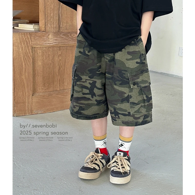 男童短裤夏季薄款外穿2025迷彩儿童夏装短袖T恤休闲五分裤中大童