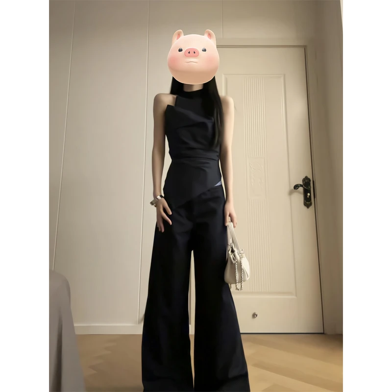 不对称拼接高领挂脖系带背心无袖上衣直筒休闲裤阔腿宽松山本长裤