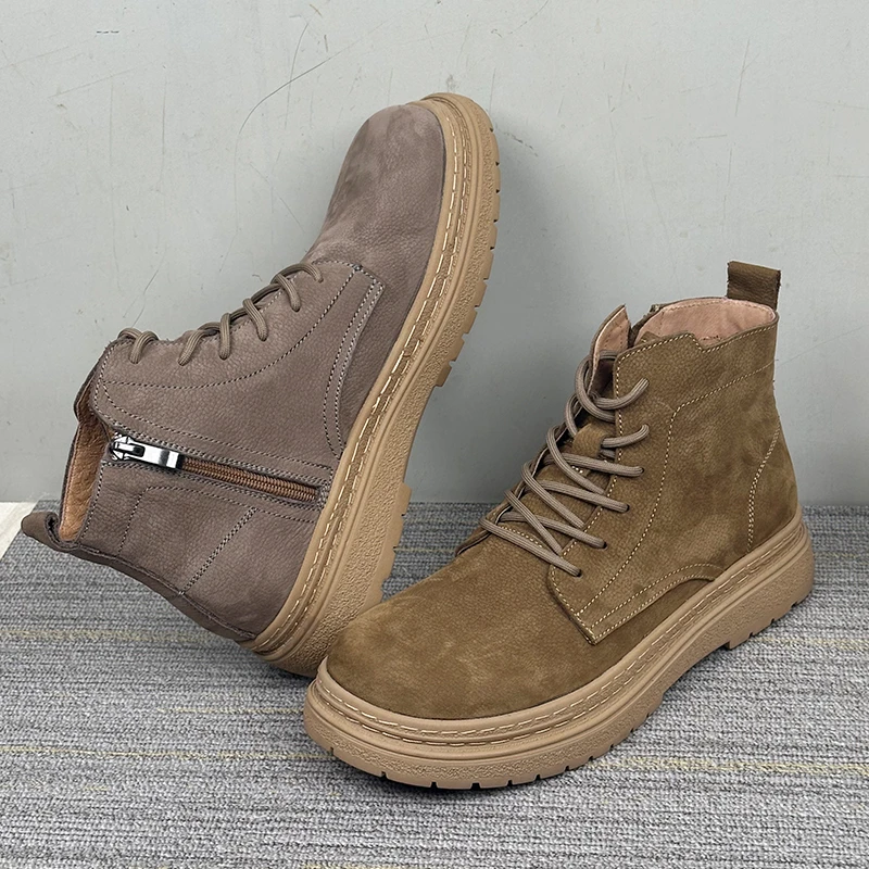 秋季中帮马丁靴男2025新款头层牛皮透气增高拉链高帮皮鞋户外短靴