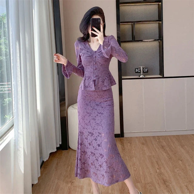 大码v领上衣鱼尾包臀裙性感欲风遮肉显瘦上衣时尚套装两件套