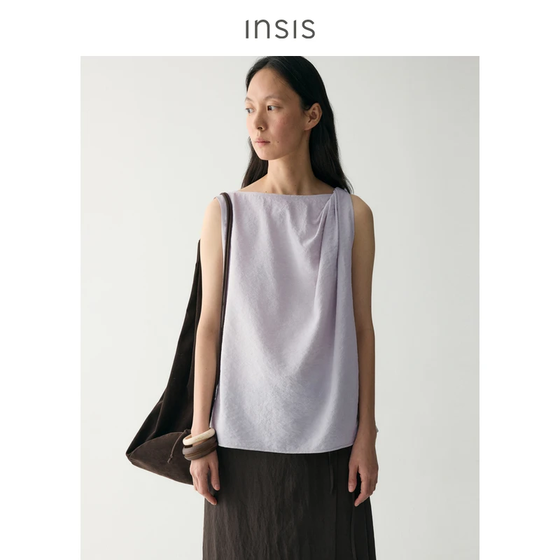 INSIS FEMME2025桑蚕丝夏季款非对称单肩扭结一字领无袖上衣女