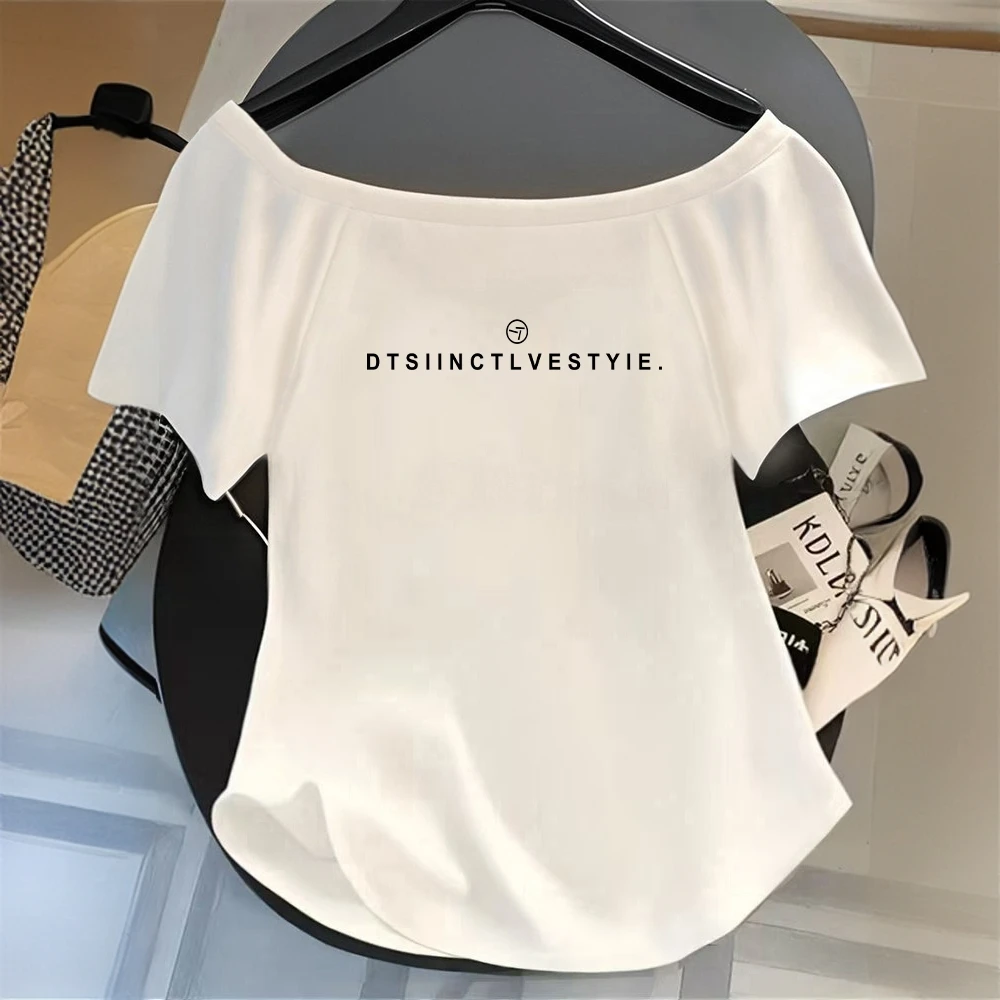 百搭时尚夏季一字领T恤小众设计圆弧下摆上衣简约印花款短袖女潮
