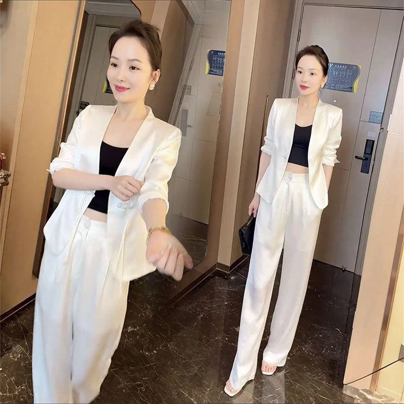 网红爆款通勤西服套装女2025夏季款白色醋酸垂感显瘦外套 阔腿裤