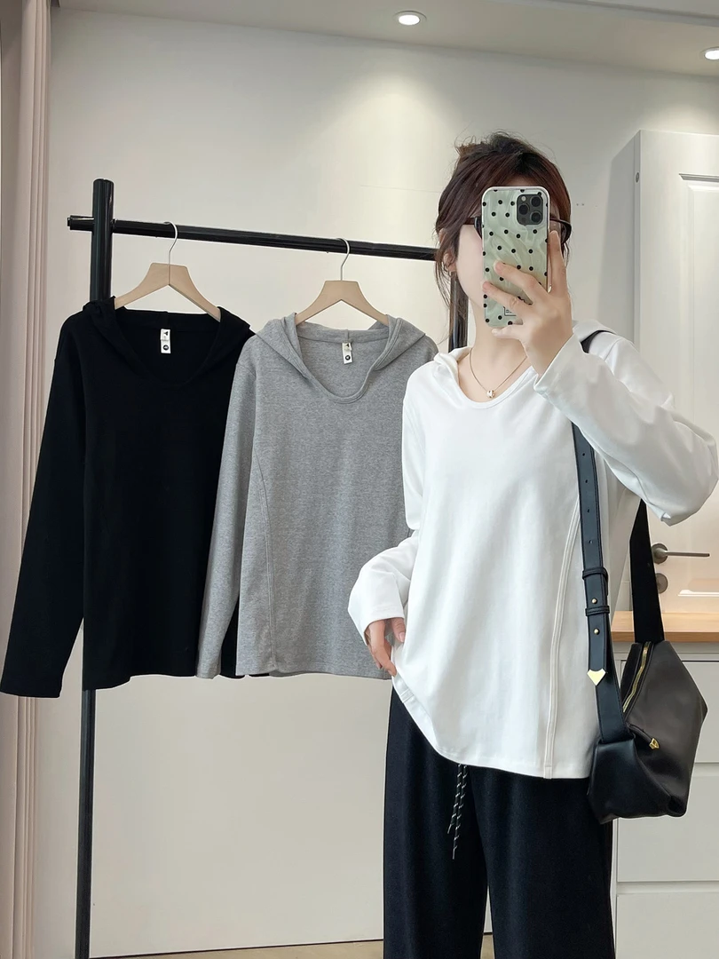 2025秋季鱼骨连帽长袖t恤洋气衣服女显瘦百搭打底衫外穿内搭上衣