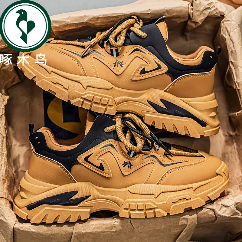 【正品】啄木鸟男鞋秋季工地干活工作鞋男士运动复古厚底工装老爹