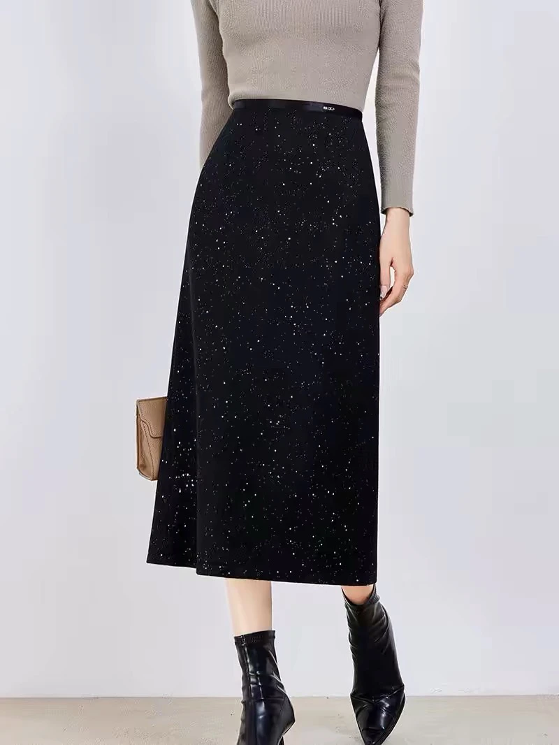 半身裙直筒裙简约满天星亮片包臀裙通勤开叉中长裙