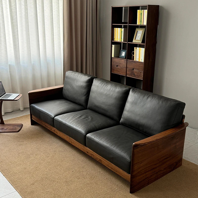 新中式胡桃木直排沙发客厅2025新款家用实木真皮沙发三人位轻奢型
