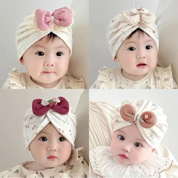 菜菜麻麻秋款新生婴儿可爱蝴蝶结公主印度帽小月龄女宝宝包头帽