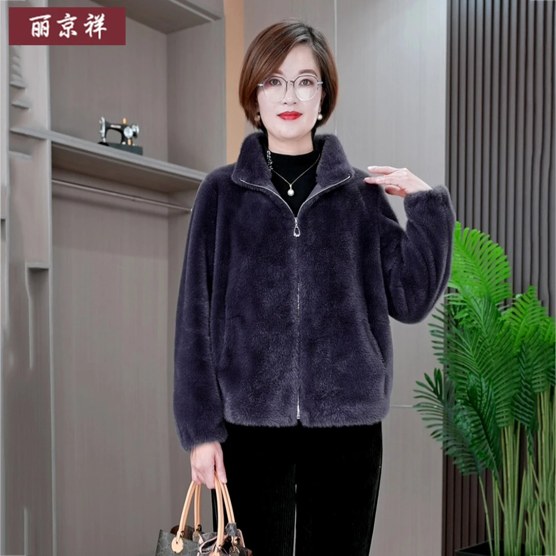 休闲纯色短款立领外套冬季皮毛一体开衫时尚女款加厚保暖女装