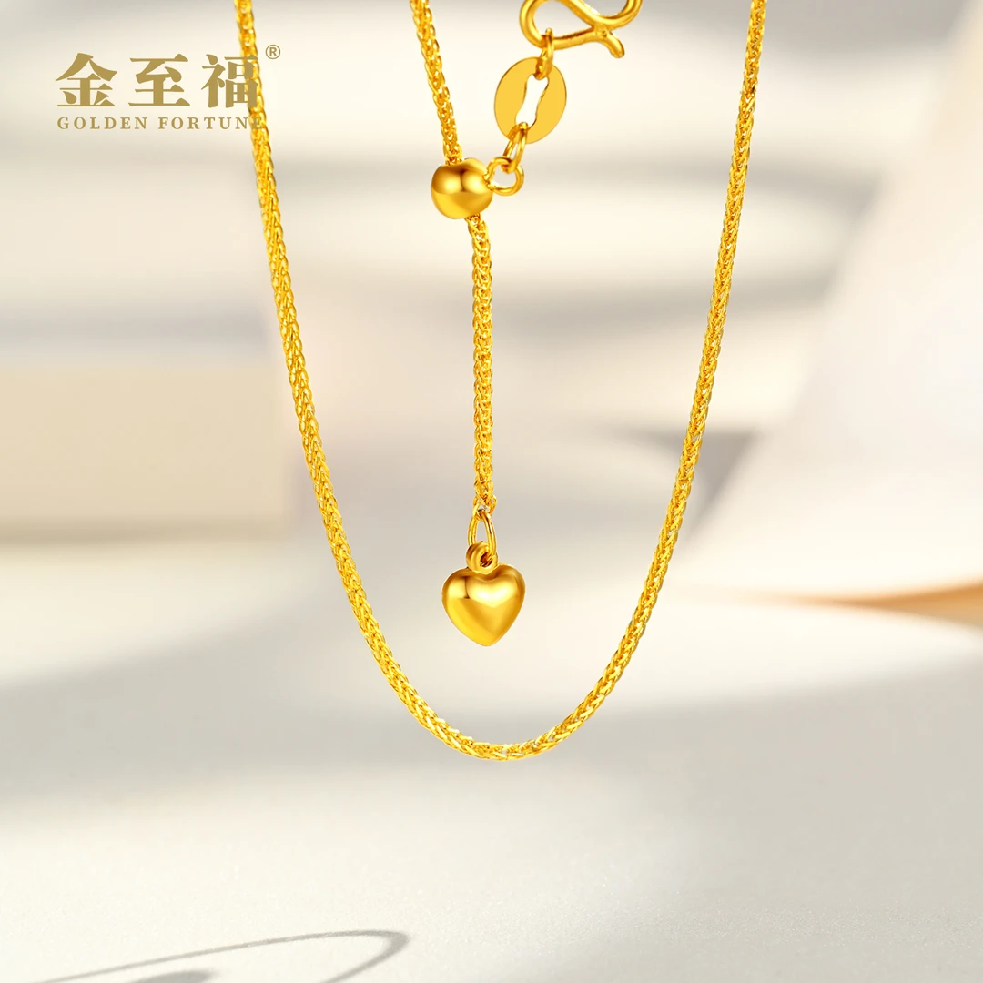 金至福足金爱心肖邦调节链经典时长潮流百搭简约抽拉女人锁骨链
