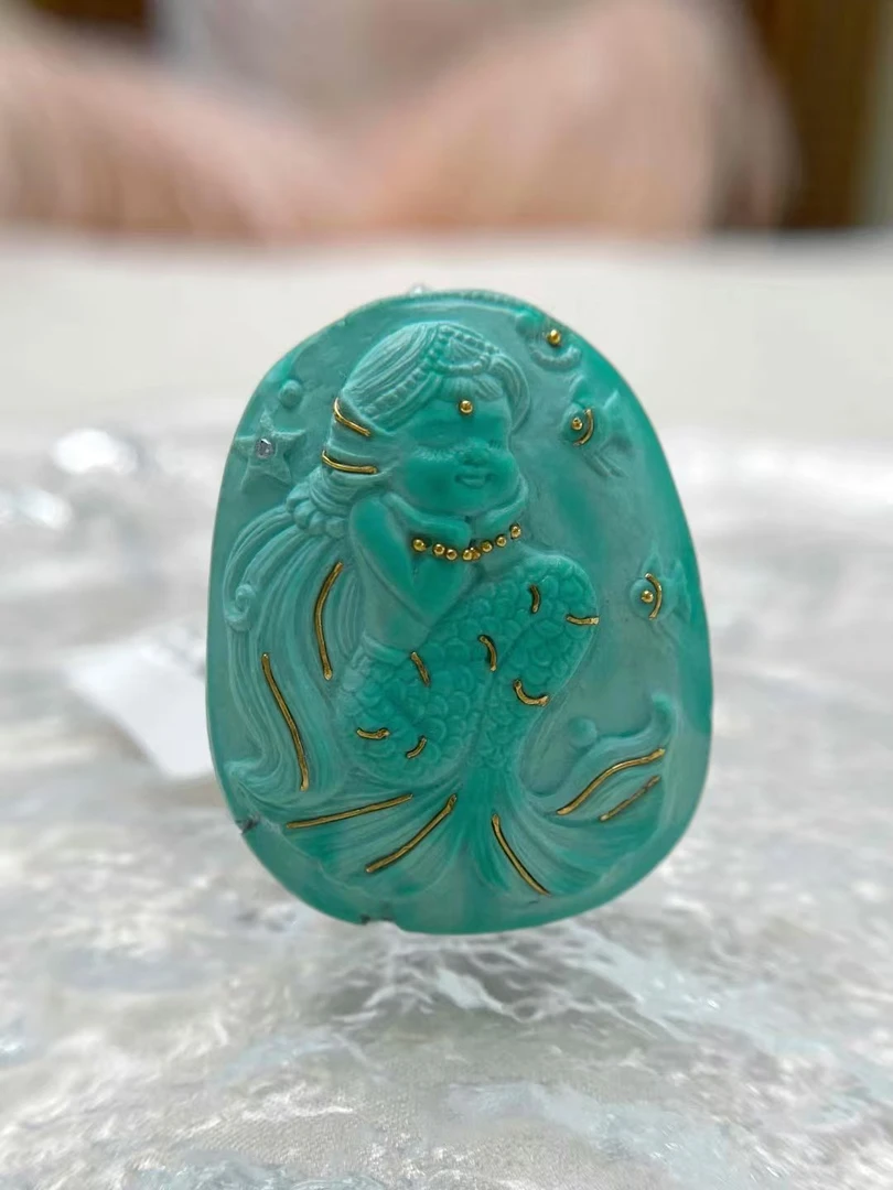 原矿绿松石美人鱼全身像雕件吊坠牌子