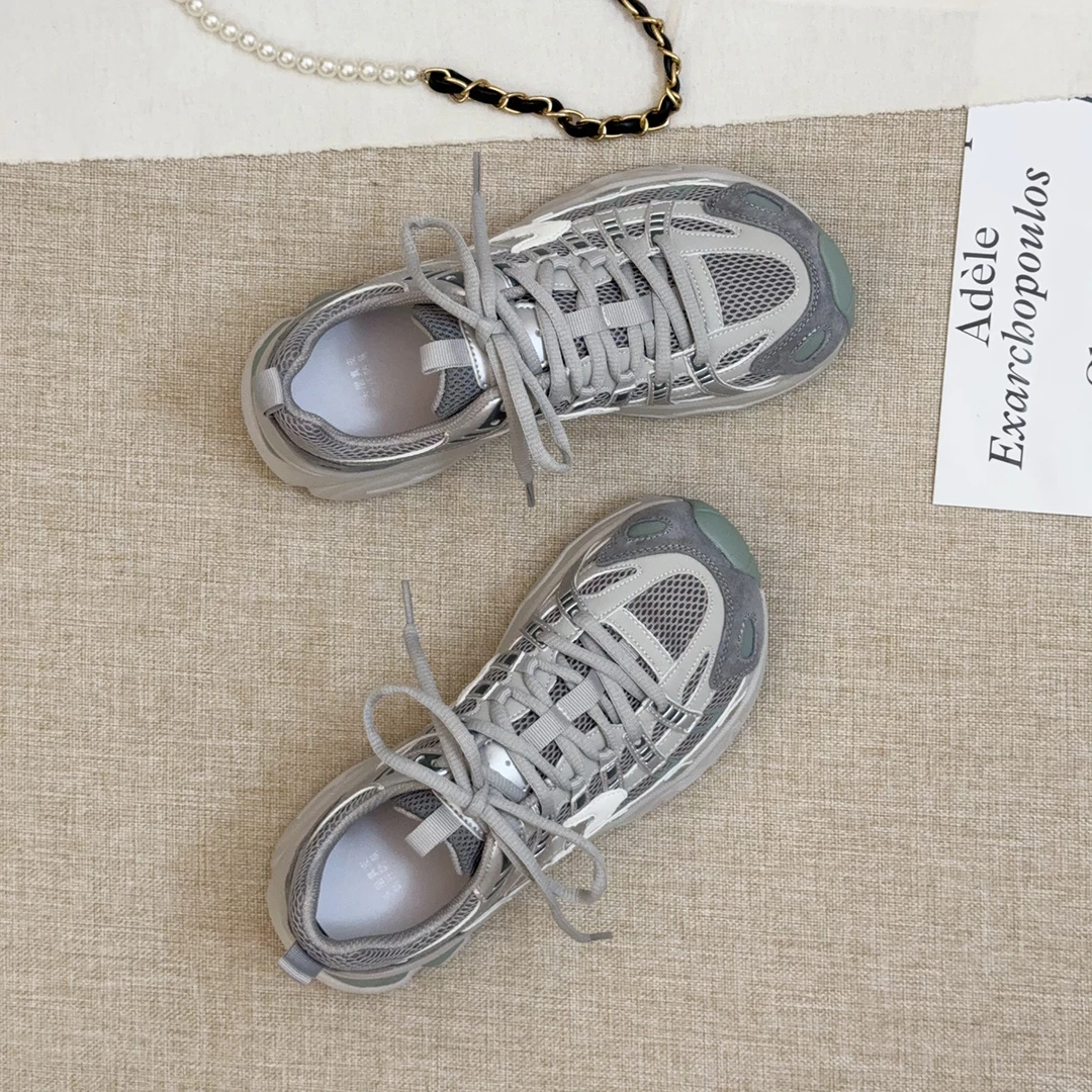 复古小众真皮厚底老爹鞋女2025秋季新款网面透气运动鞋轻便慢跑鞋