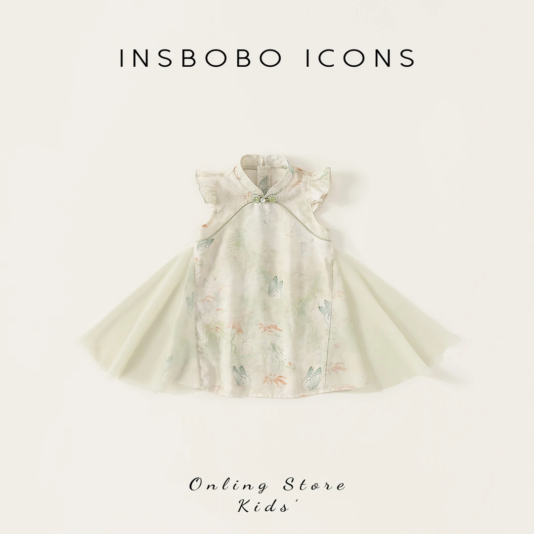 XQ25023【夏】儿童裙子（盘扣下摆拼接网纱国风旗袍）