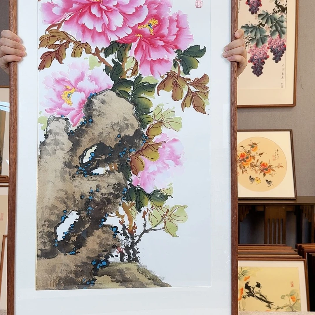 国画纯手绘，纯手写带框尺寸：53×103厘米