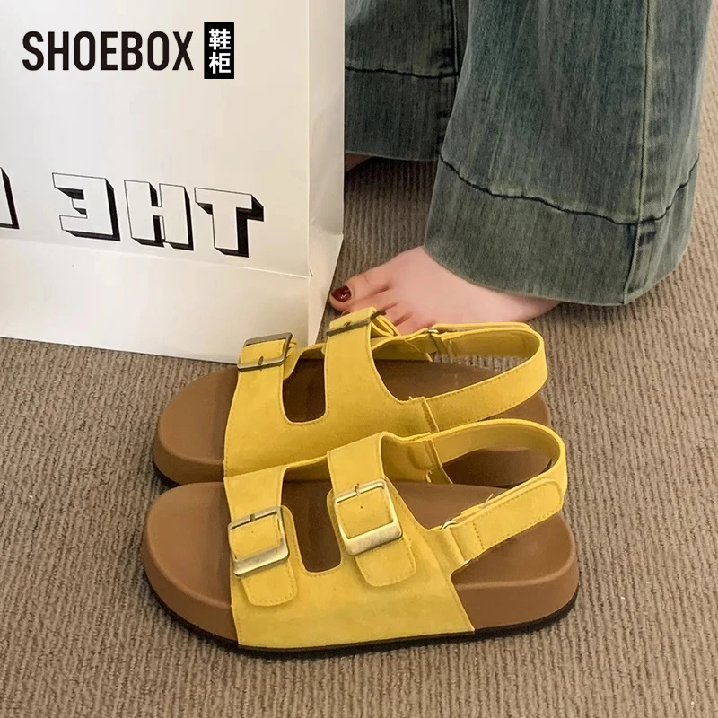 SHOEBOX鞋柜镂空休闲凉鞋女2025夏新款超火勃肯鞋双扣平底拖鞋