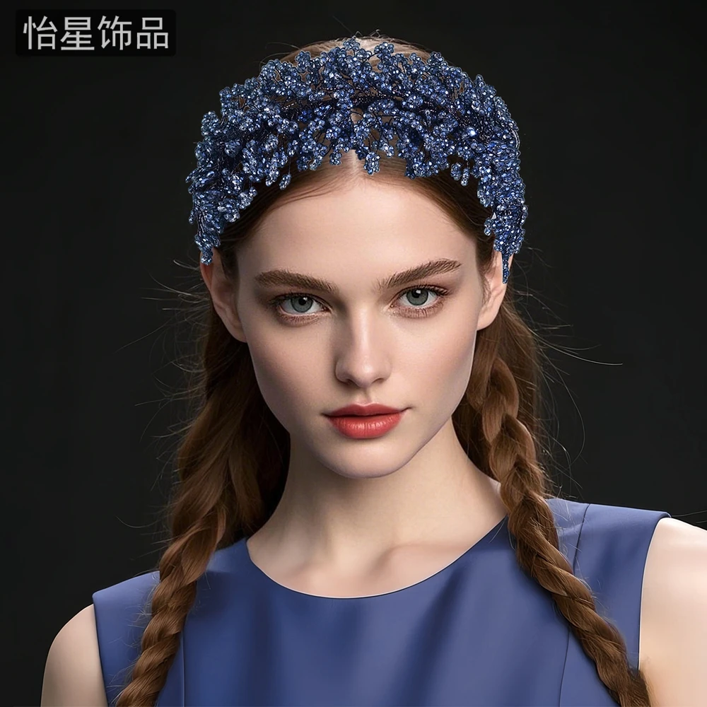 怡星蓝色遮白发压发头箍水晶串珠发箍舞台高级头饰复古发饰宽边