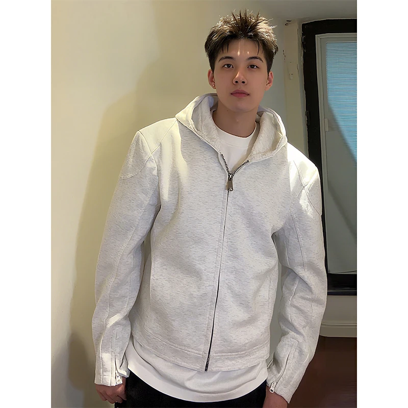 白灰色短款正肩机车卫衣男秋季重磅硬挺cleanfit连帽拉链开衫外套