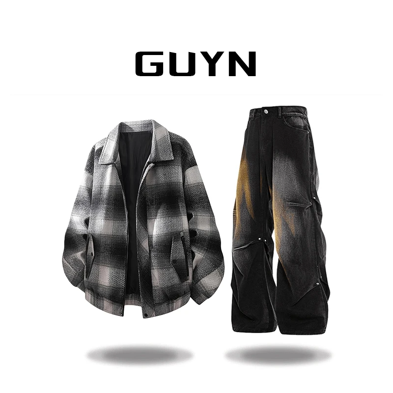 【品牌正品现货】GUYN复古撞色格子小香风毛呢外套男秋休闲翻领夹克