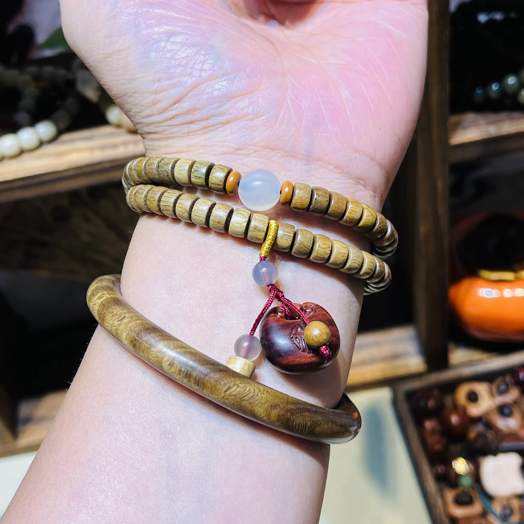 【财锁同心】绿檀双圈招财药片阿根廷文玩高密手链首饰