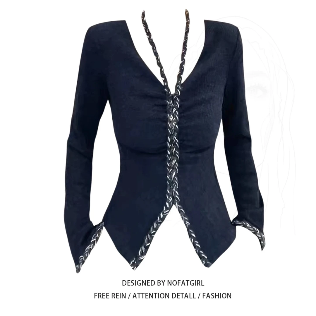 大码胖MM设计感V领长袖针织衫女早秋季新款修身显瘦收腰气质上衣