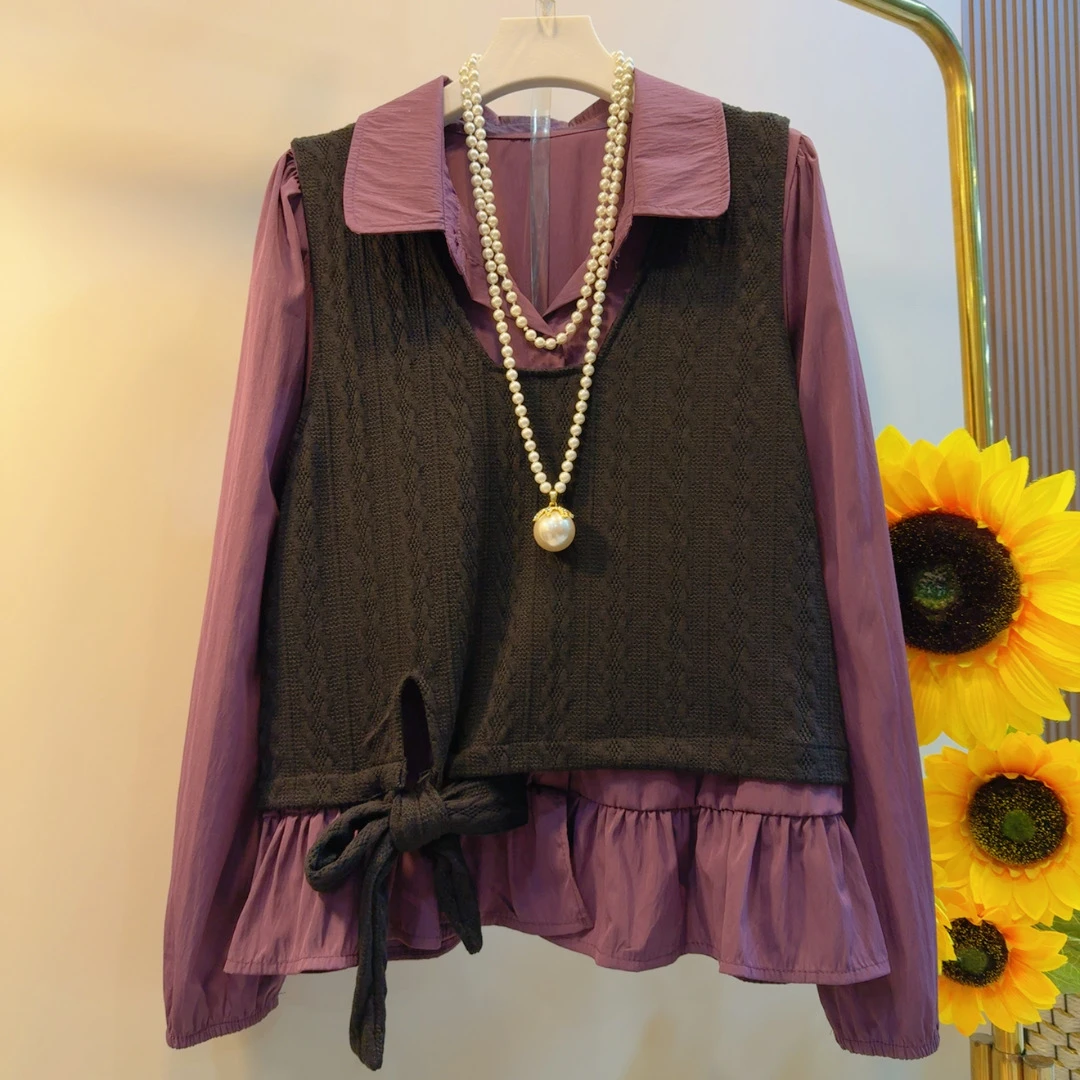 DN新款洋气减龄衬衫系带马甲两件套上衣