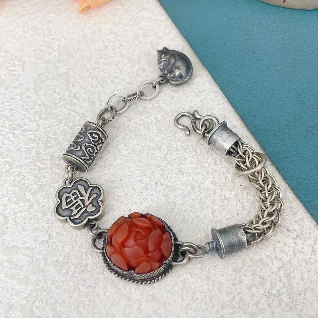 s925银手工重工复古做旧民族风国风老银南红浮雕牡丹花手链 347