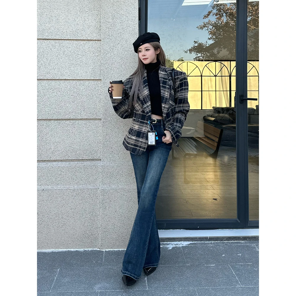 IFMR百搭中高腰显瘦加绒牛仔裤裤子女复古时尚辣妹微喇牛仔裤