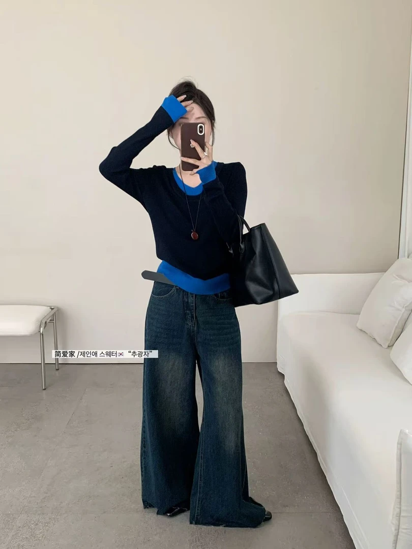 （现货24H+运补3-5）韩系假两件修身长袖T恤女高级感内搭修身上衣女