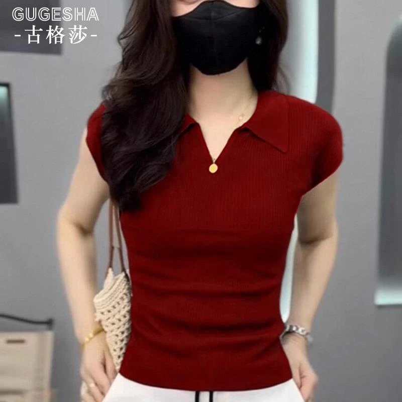 2025夏季新款女士复古洋气polo领短袖t恤修身正肩冰丝针织短上衣