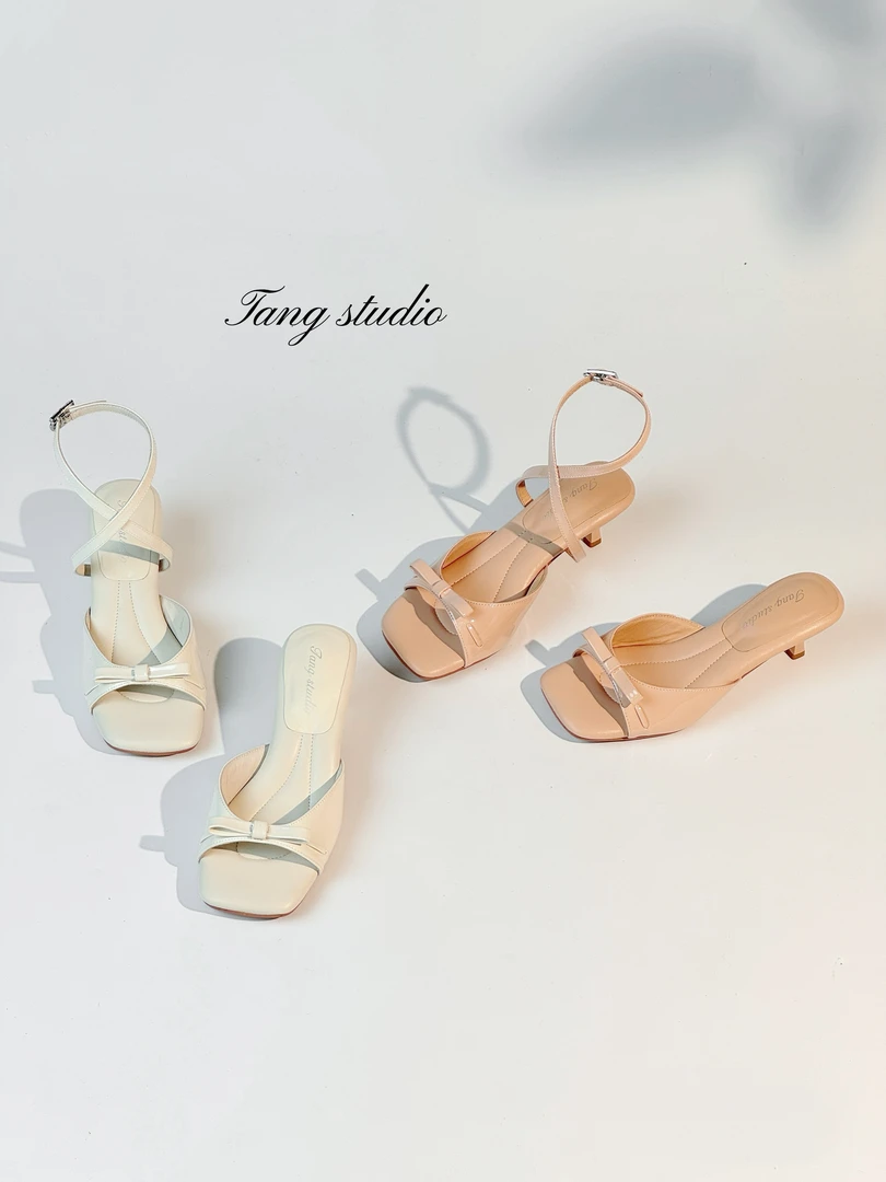 【Tang Studio】温柔蝴蝶结裸色气质一鞋三穿高跟凉拖鞋4cm T260