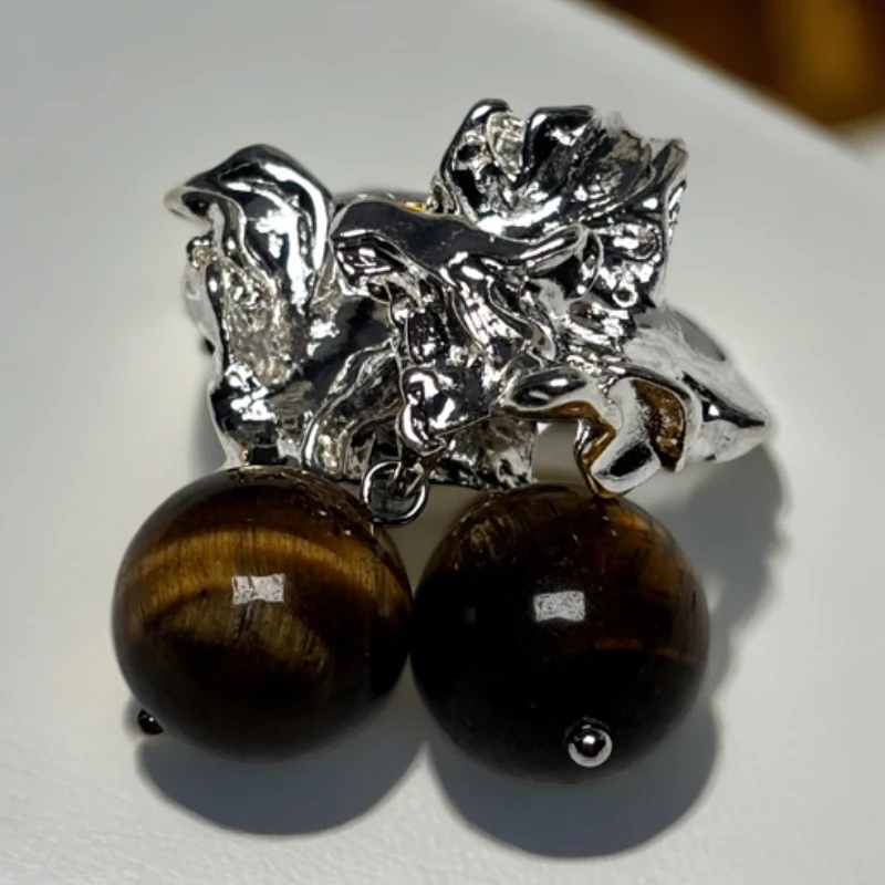 铜合金树脂耳饰 美拉德银色不规则虎眼石耳钉大气耳环气质好耳饰