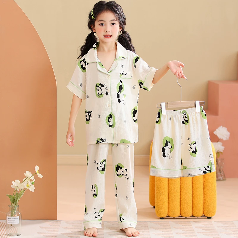 熊猫儿童睡衣薄款夏季短袖长裤云朵棉女童2025新款三件套装家居服