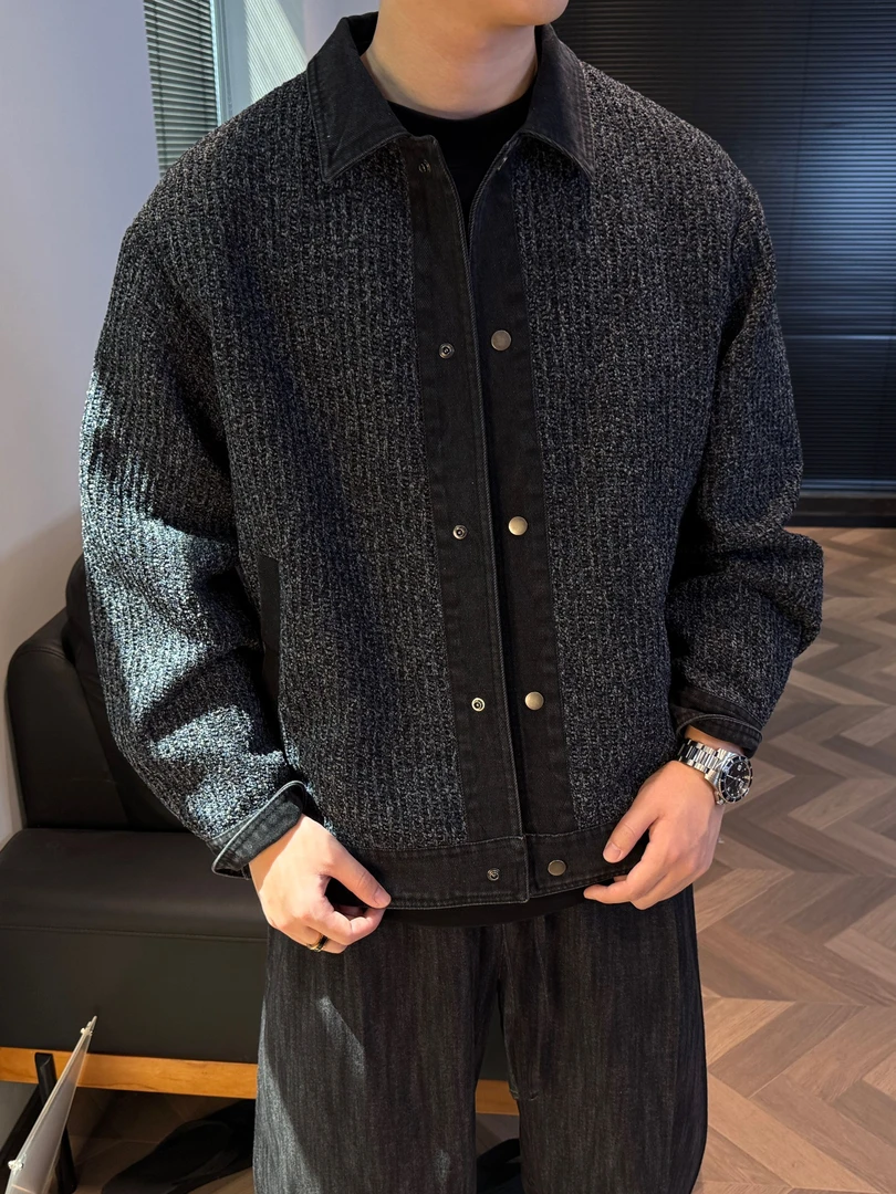 GO SHINE 冬季男士爆款毛呢牛仔拼接翻领夹克潮流帅气男外套