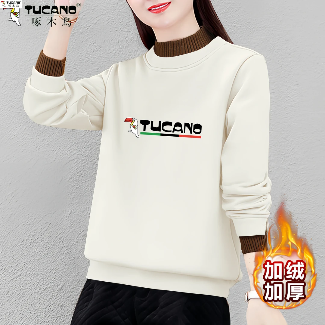 啄木鸟加绒加厚卫衣女冬季新款韩版大码减龄宽松假两件半高领上衣