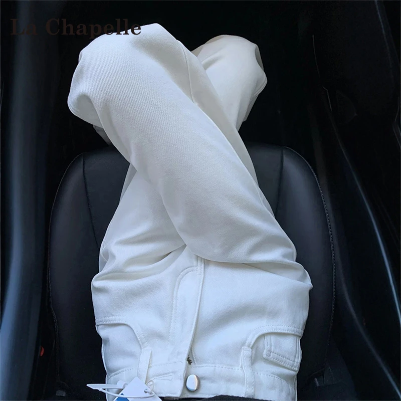 La Chapelle/拉夏贝尔白色直筒牛仔裤女窄版小个子宽松阔腿拖地裤