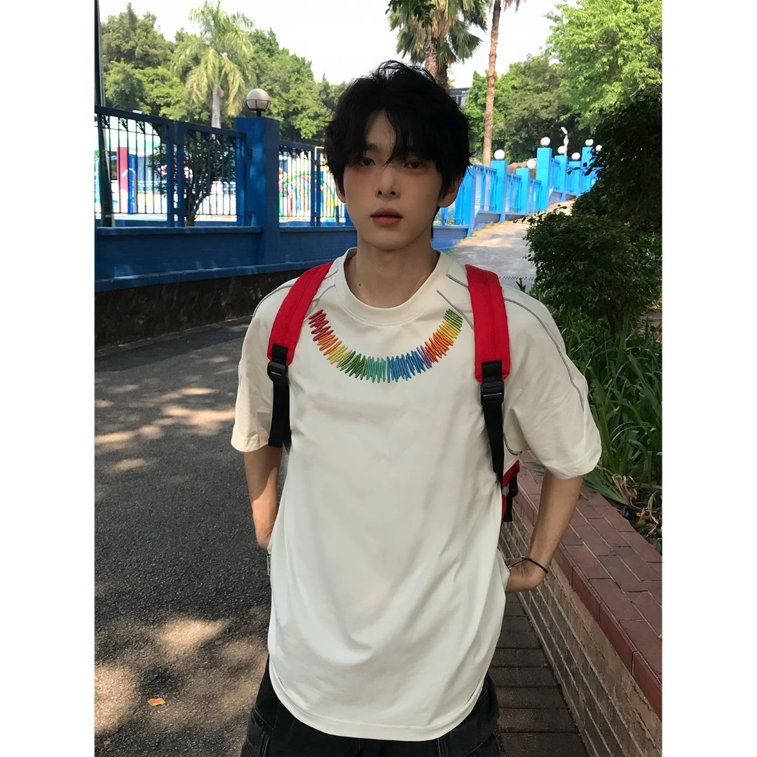 100%纯棉仿刺绣彩色线条印花拼接短袖T恤男女夏季休闲情侣款上衣