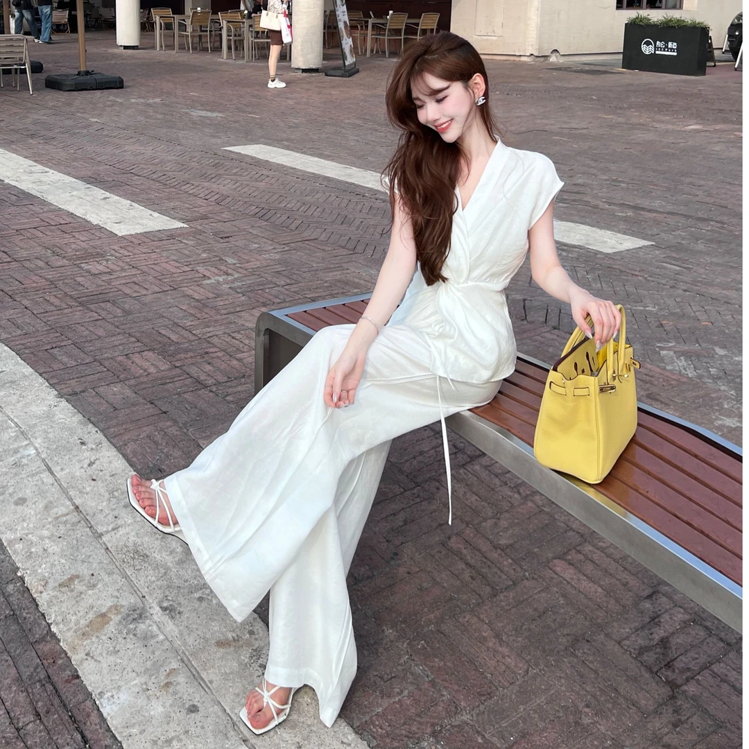 卡卡【失序白昼】休闲简约气质设计扭结无袖上衣+阔腿裤两件套8628