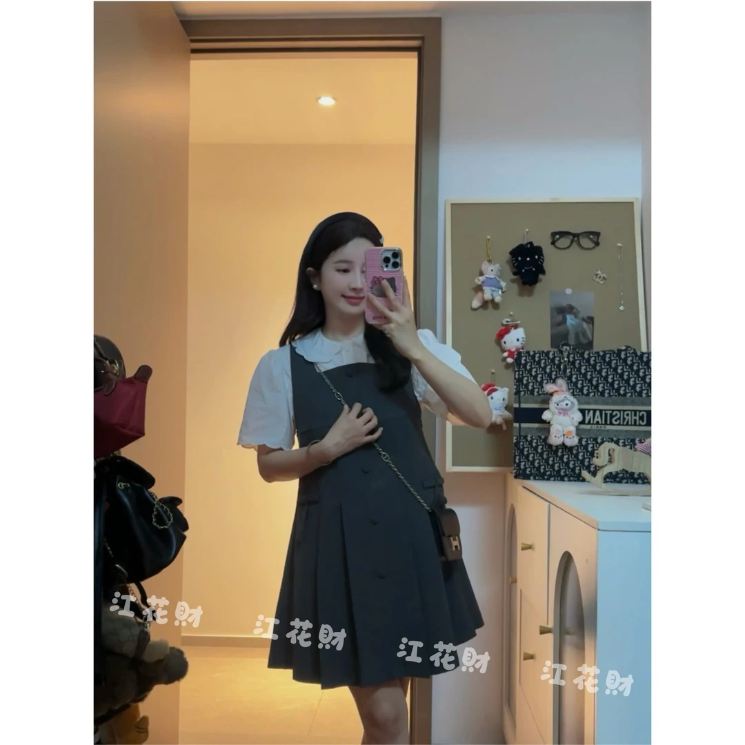 【心动信号】灰色蝴蝶结设计感压褶背心裙+甜美花瓣领短袖衬衫套装