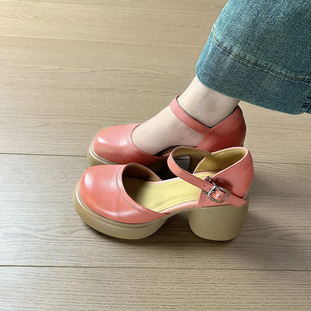 小个子增高厚底粗跟包头中空凉鞋女外穿一字扣带高跟浅口单鞋