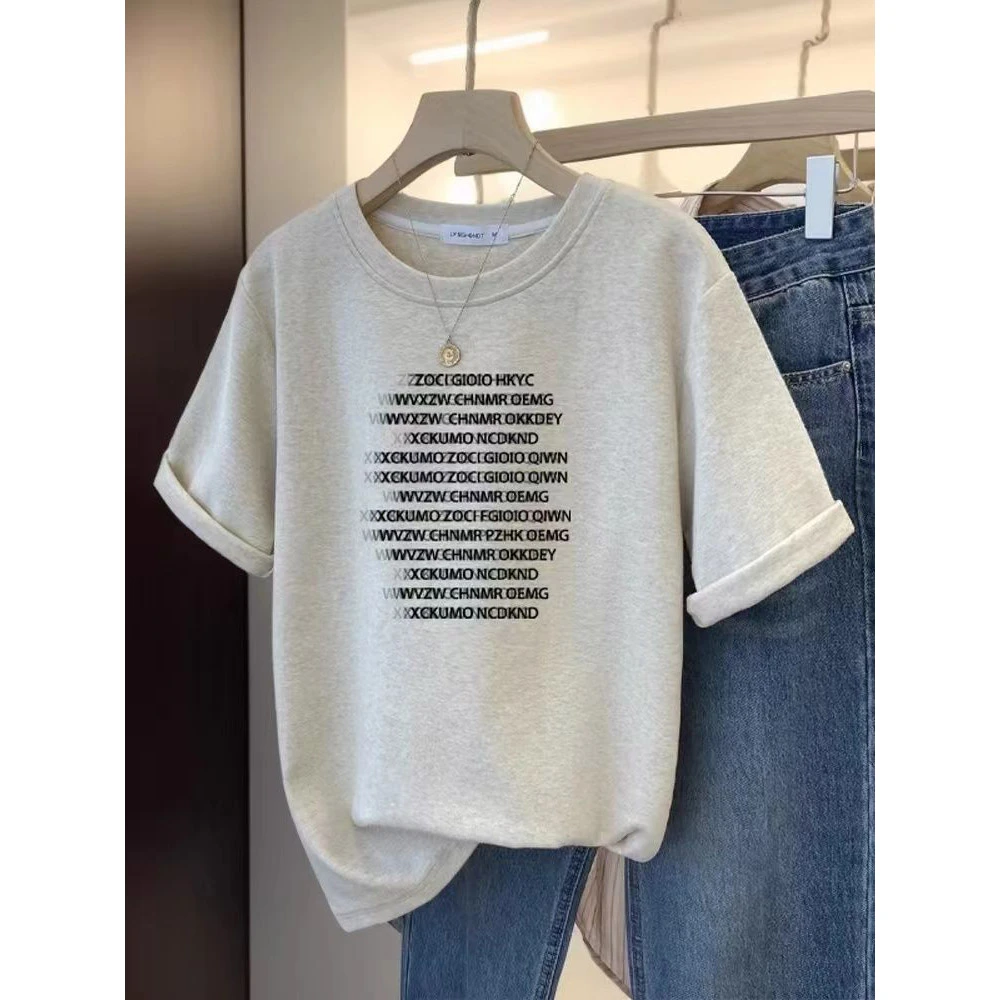 胖妹妹大码变形字母白灰色正肩磨毛短袖T恤女设计感显瘦加厚体恤