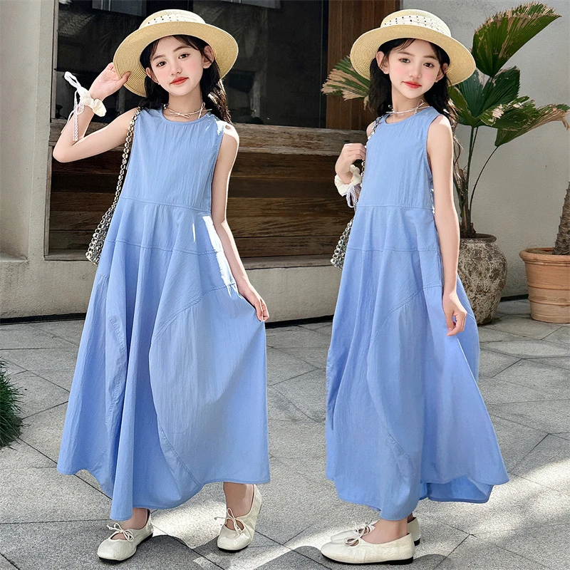 女童夏装连衣裙2025新款中大童洋气女孩夏季休闲风纯色长款背心裙